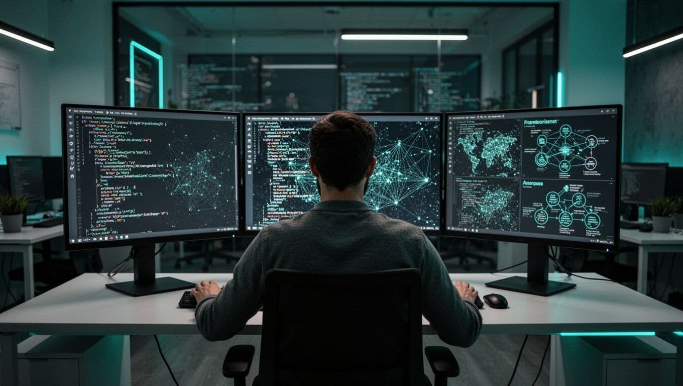 Threat researcher at desk with multiple monitors showing malware code, threat maps, and ATT&CK diagrams in dimly lit office.