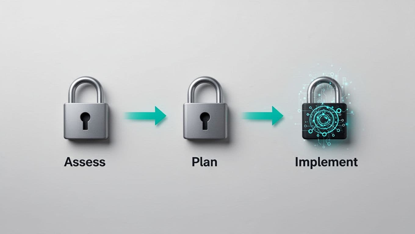 Three icons of locks upgrading from classical to quantum-resistant connected by green-accented arrows on neutral background.