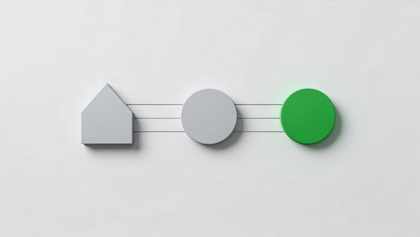 Horizontal timeline with three geometric shapes progressing left to right on light background, green accents on completed stages.