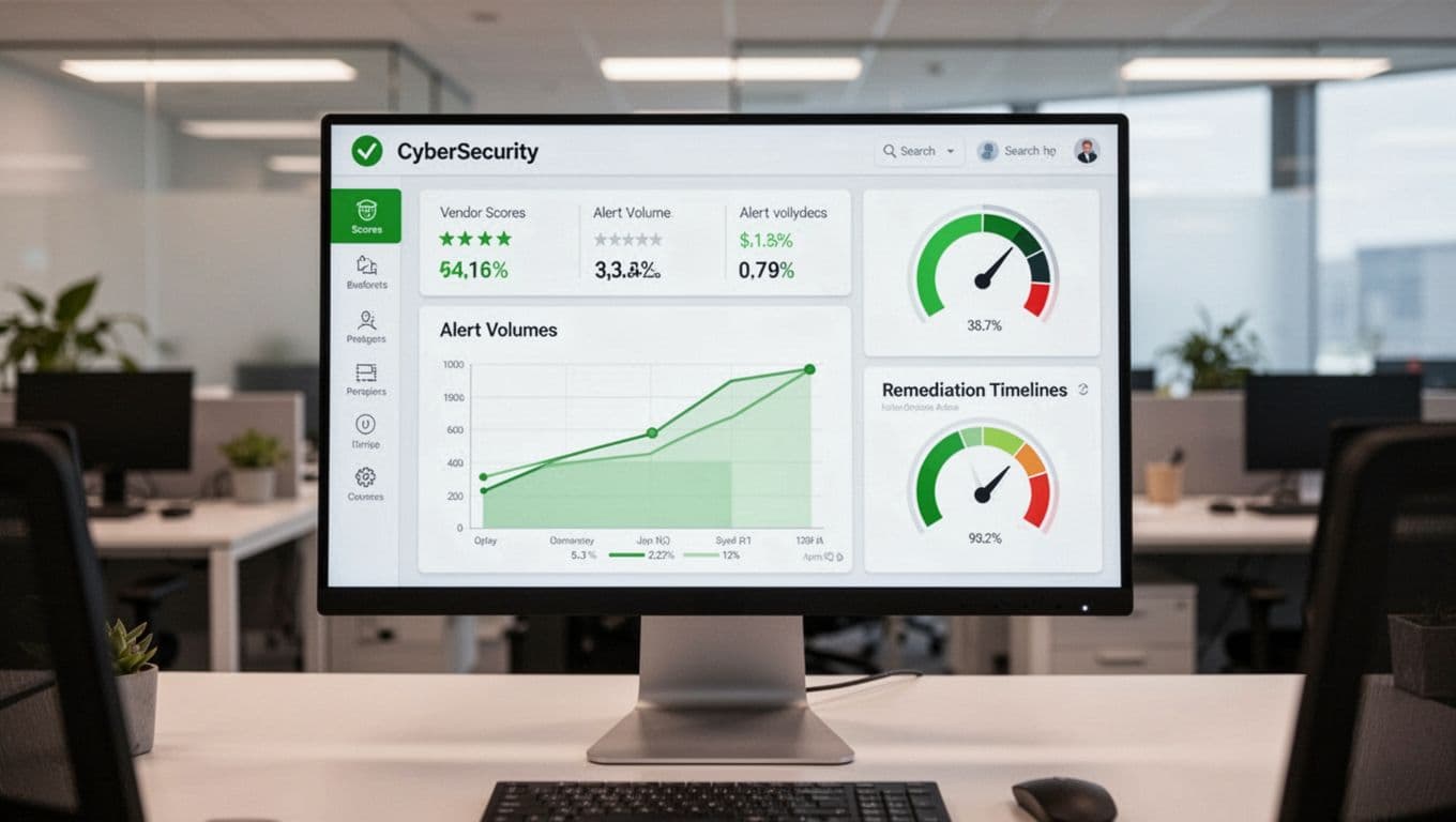 Computer screen displays cybersecurity dashboard with vendor scores, alert volumes, and remediation timelines in office.