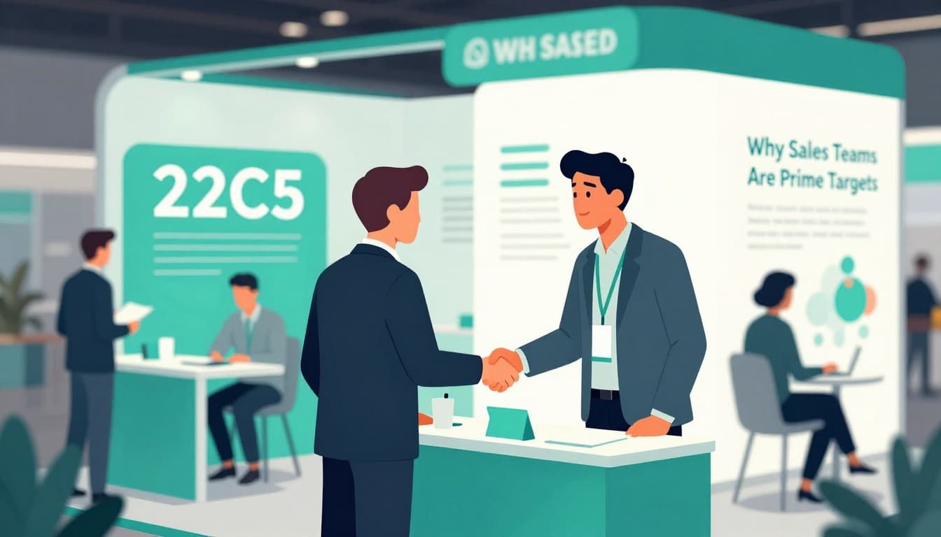 Sales rep converses with attendee at trade show booth, blurred handshakes and name badges.