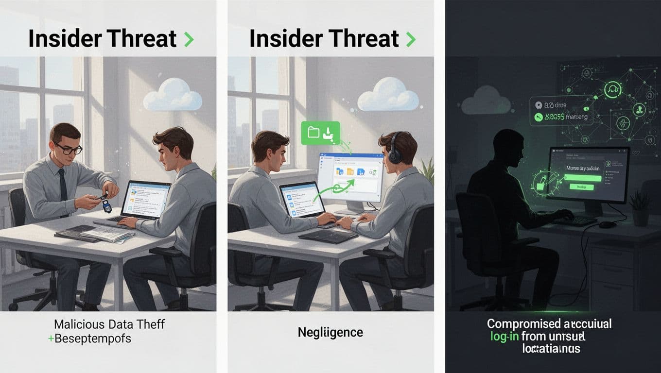 Three icons show malicious employee stealing data, negligent user sharing files, and compromised account login in office with laptops and clouds.