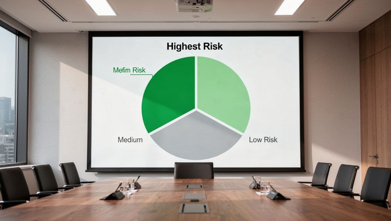 Pie chart with high, medium, low risk segments on large screen in empty conference room.