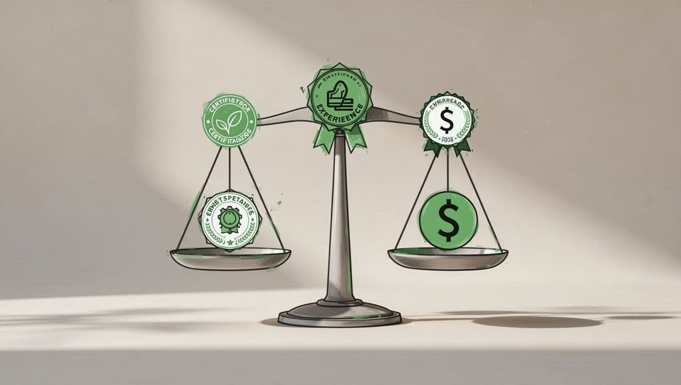 Balanced scales and checklist show vendor criteria like certifications, experience, and cost with green check icons.