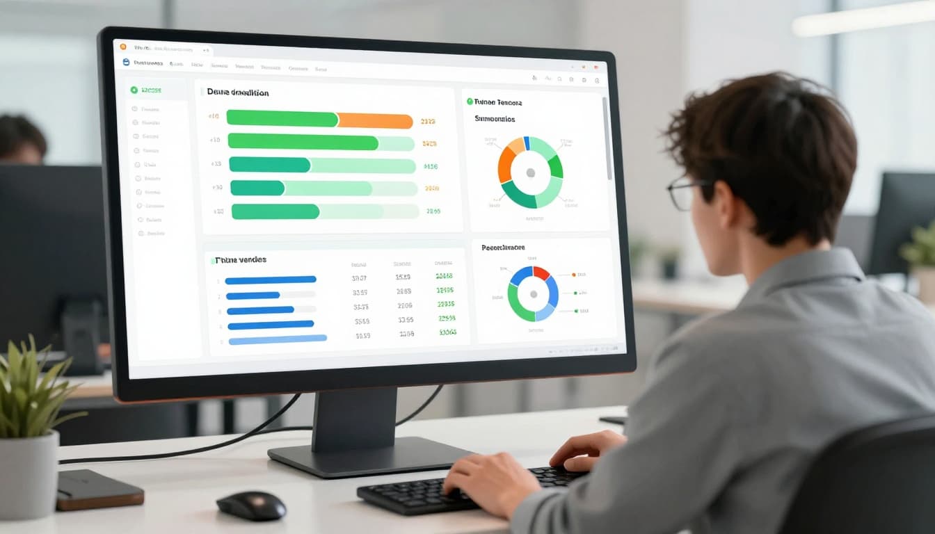 Cybersecurity analyst views vendor risk dashboard on monitor showing colorful gauges, progress bars, vendor table, and charts.