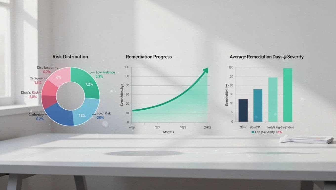 Digital dashboard features pie chart for risk distribution, upward-trending line chart for progress, and bar chart for remediation times.