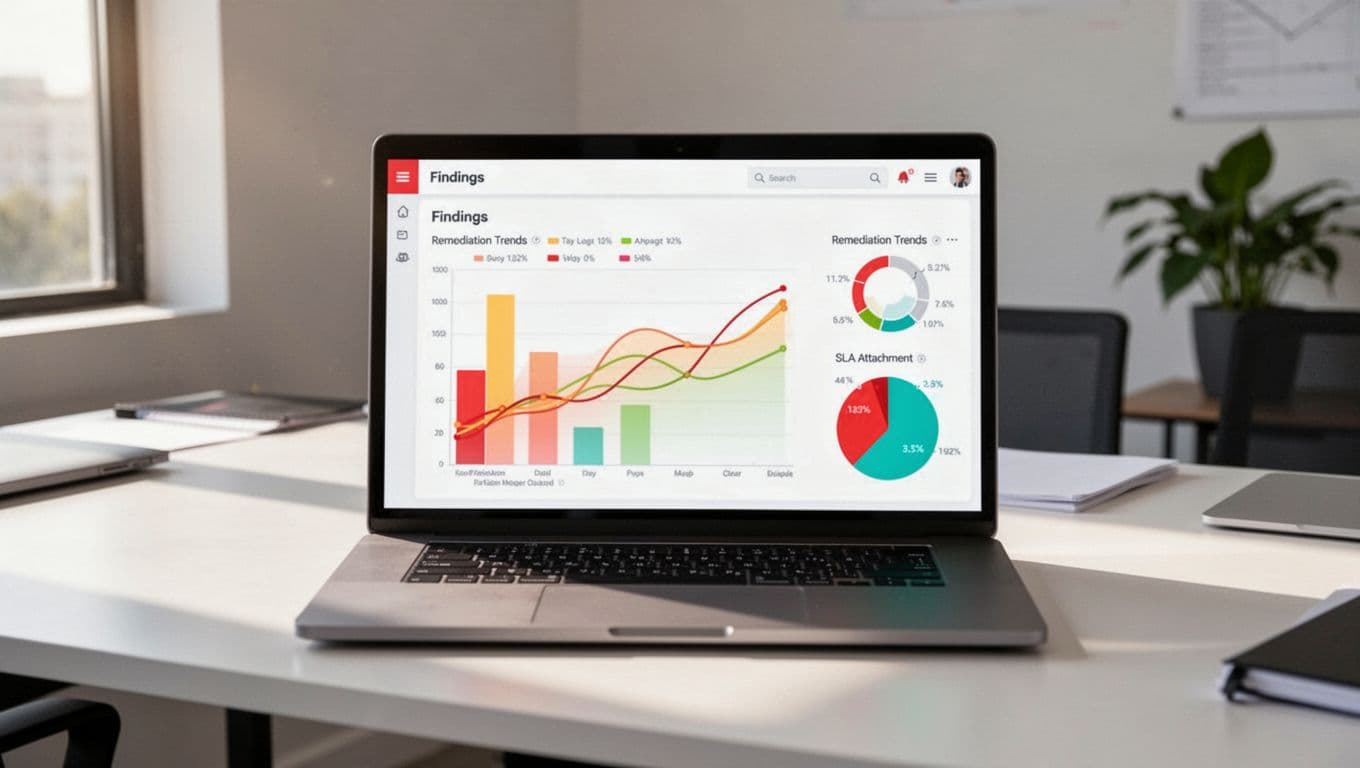 Laptop on modern office desk displays vendor risk dashboard with bar chart, line graph, and pie chart.