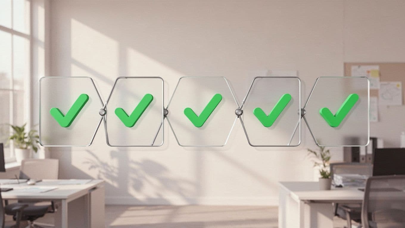 Flowchart depicts verification steps with green checkmarks for phone confirmation, dual approval, and document review on office background.
