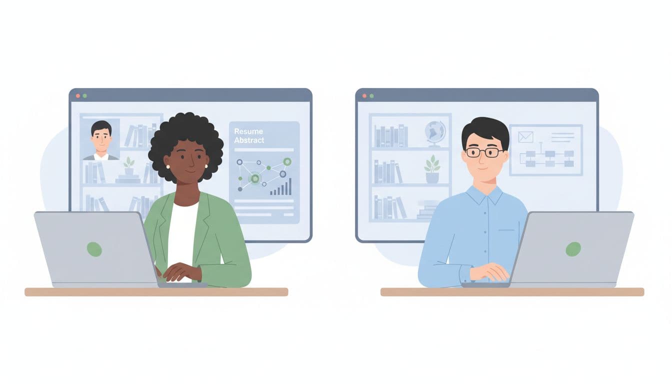Diverse hiring manager and supply chain analyst in video call on laptops, bookshelves background, resume on one screen.