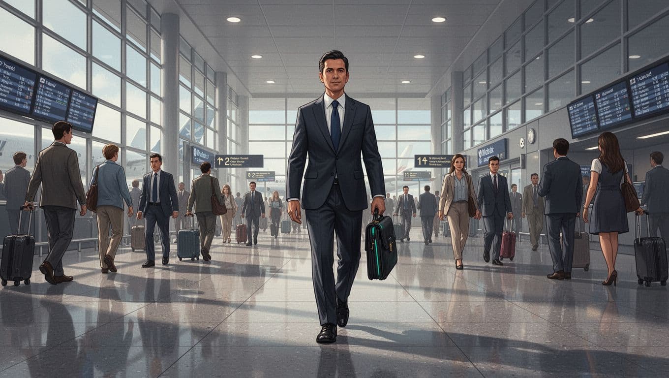 Executive with green briefcase walks alertly through crowded airport terminal, scanning amid crowds and shadows.