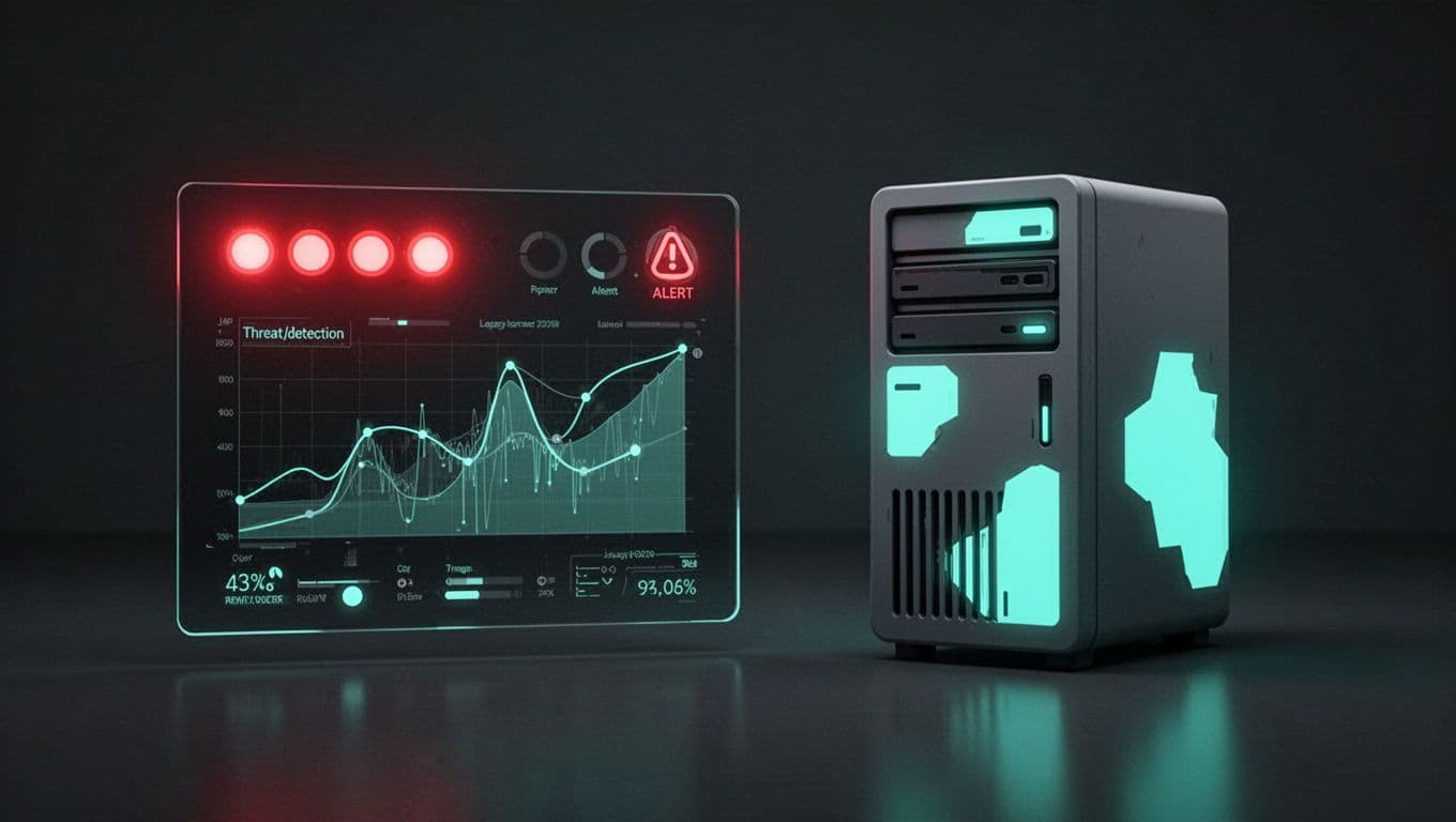 Monitoring console shows real-time alerts, virtual patches on legacy server icon, and threat detection graphs with green highlights.