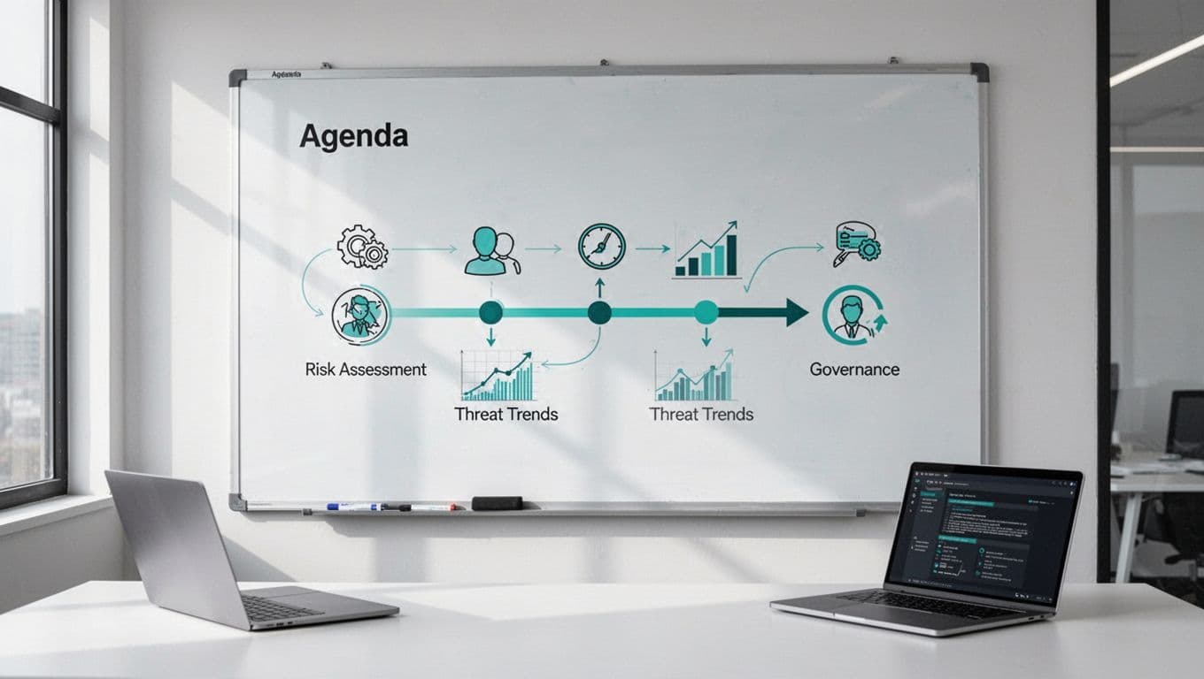 Digital whiteboard shows structured agenda icons for risk assessment, threats, governance in timeline flow with arrows, laptop in modern office.