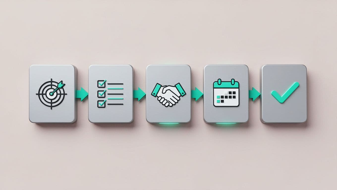 Flowchart with five connected boxes showing steps to form a virtual security advisory council, featuring target, checklist, handshake, calendar, and checkmark icons, linked by green arrows on neutral background.