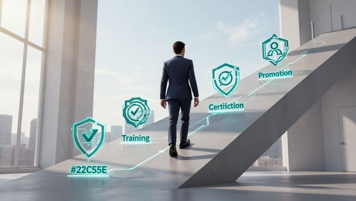 Vulnerability analyst walks upward path with training, certification, and promotion icons in professional setting.