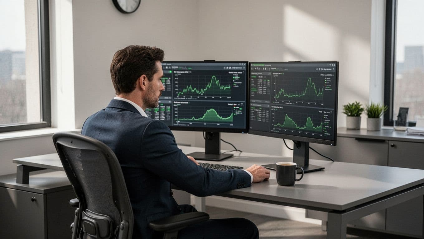 Vulnerability analyst in relaxed pose at desk reviews scan reports on dual monitors in secure office, coffee mug nearby.