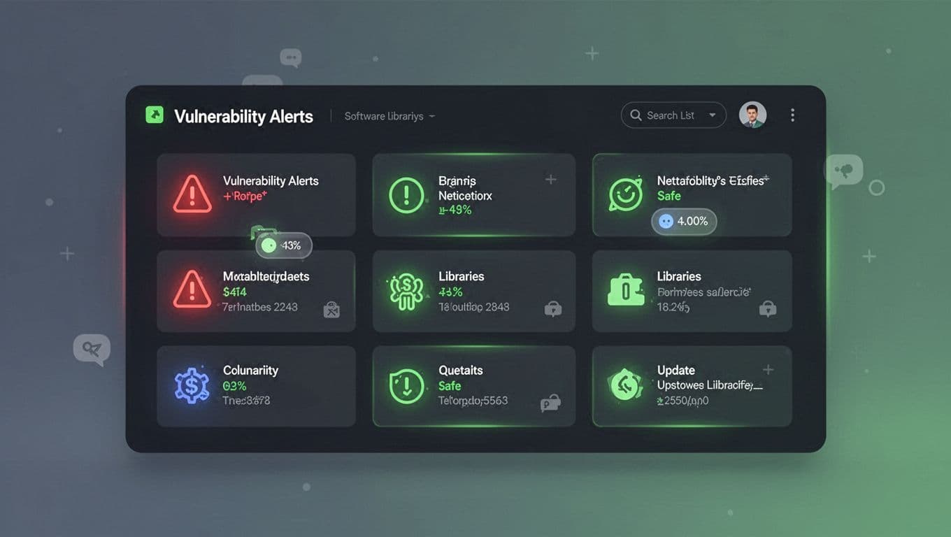 Dashboard shows vulnerability alerts and code library update notifications with green highlights on safe items.