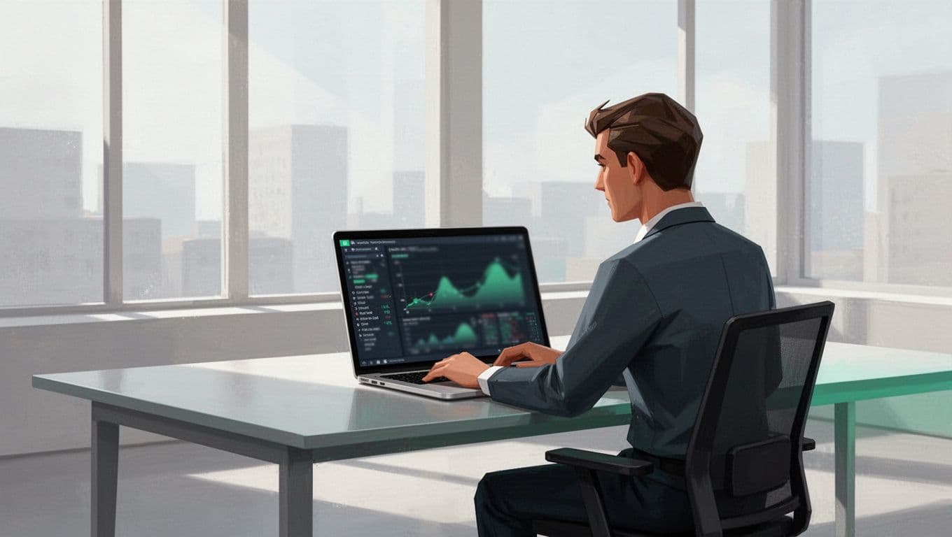 An analyst works on a sleek laptop displaying security analytics in a modern, bright office setting.