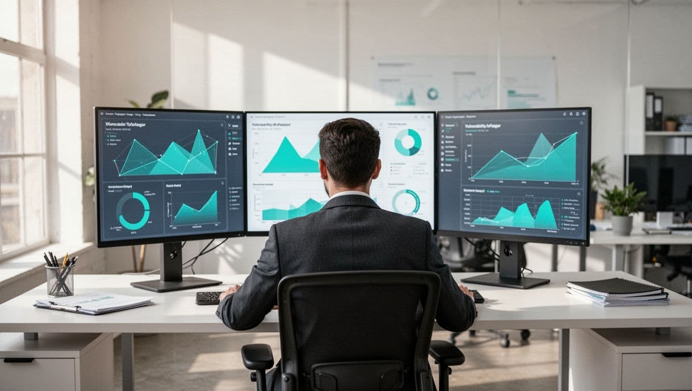 A professional engineer monitors data dashboards at a clean, modern desk in a bright office environment.