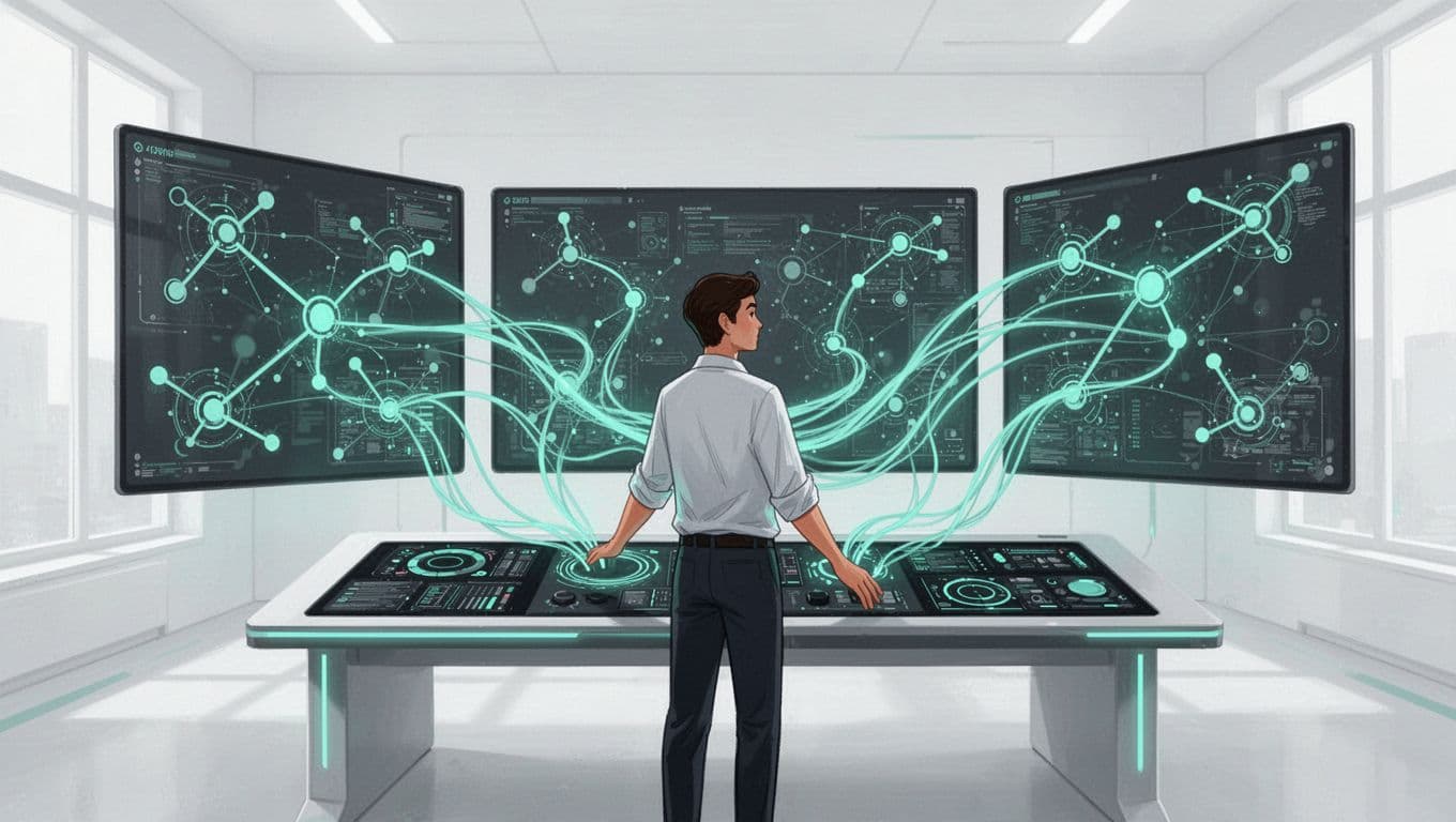 A professional stands before a digital control center, linking various network nodes with clean green lines.