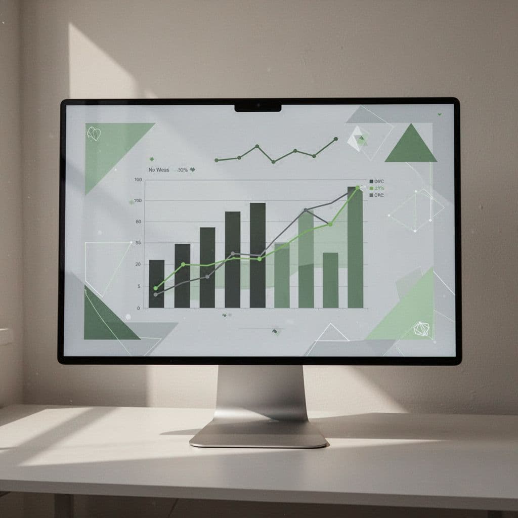 Digital interface with simple bar charts and line graphs, geometric shapes, subtle green accents on neutral background.