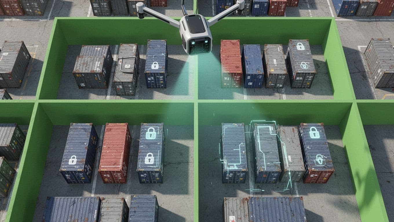 Scanner icon beams light over container clusters separated by green walls, with patched and vulnerable icons.