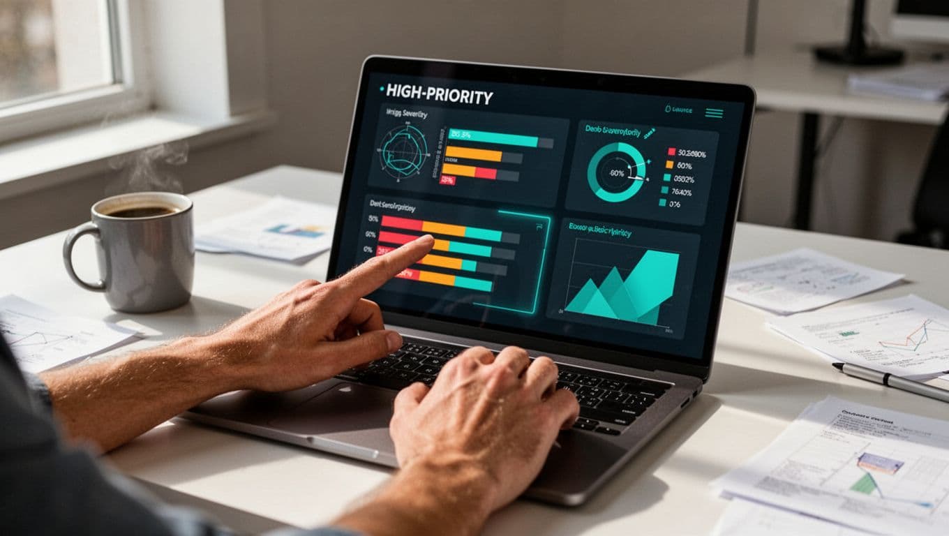 Laptop screen shows triage dashboard with severity-prioritized vulnerability reports and green indicators; hands point at high-priority item on desk with notes and coffee.