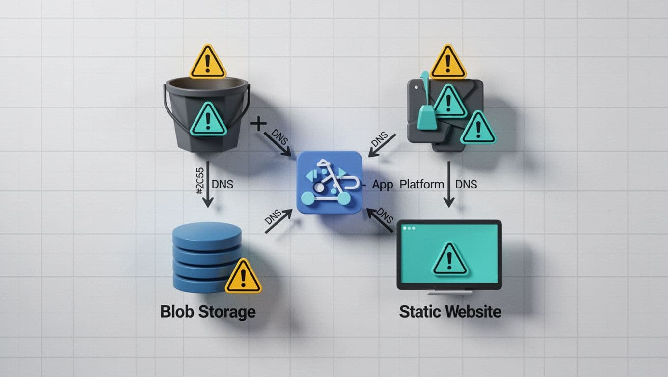 Icons of AWS S3, Heroku, Azure blob, and GitHub pages with dangling DNS arrows arranged in a grid on subtle background.