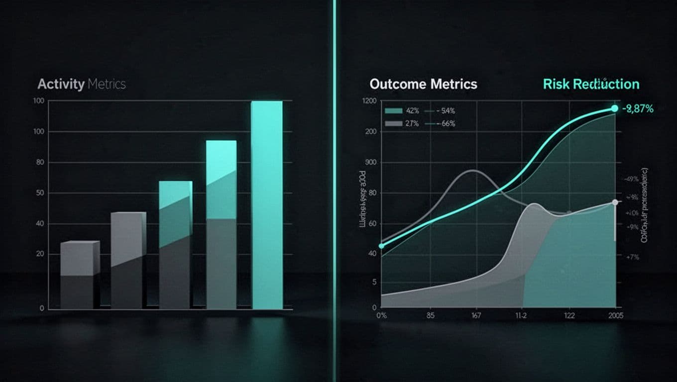 Split illustration shows basic left bar charts for blocked requests and daily activity, right advanced charts for true positive rate, false positive rate, and risk reduction on dark background.