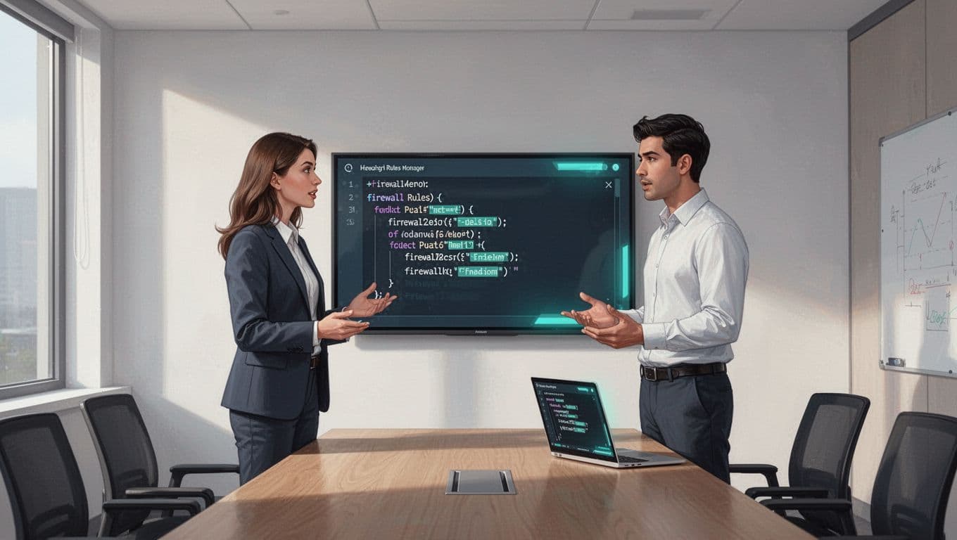 Hiring manager and WAF candidate discuss firewall rules on shared laptop screen in office room.