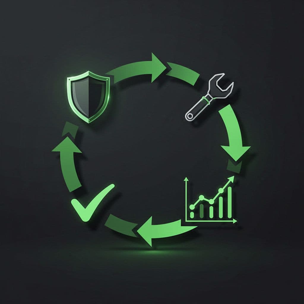 Circular diagram with shield, wrench, checkmark, and graph icons linked by green arrows on dark background.
