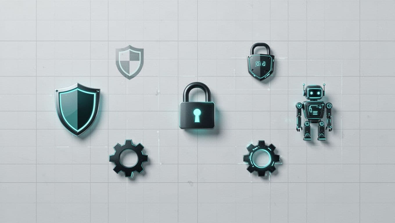 Icons depicting rule tuning bot, shield, and API lock arranged balanced on subtle grid background.