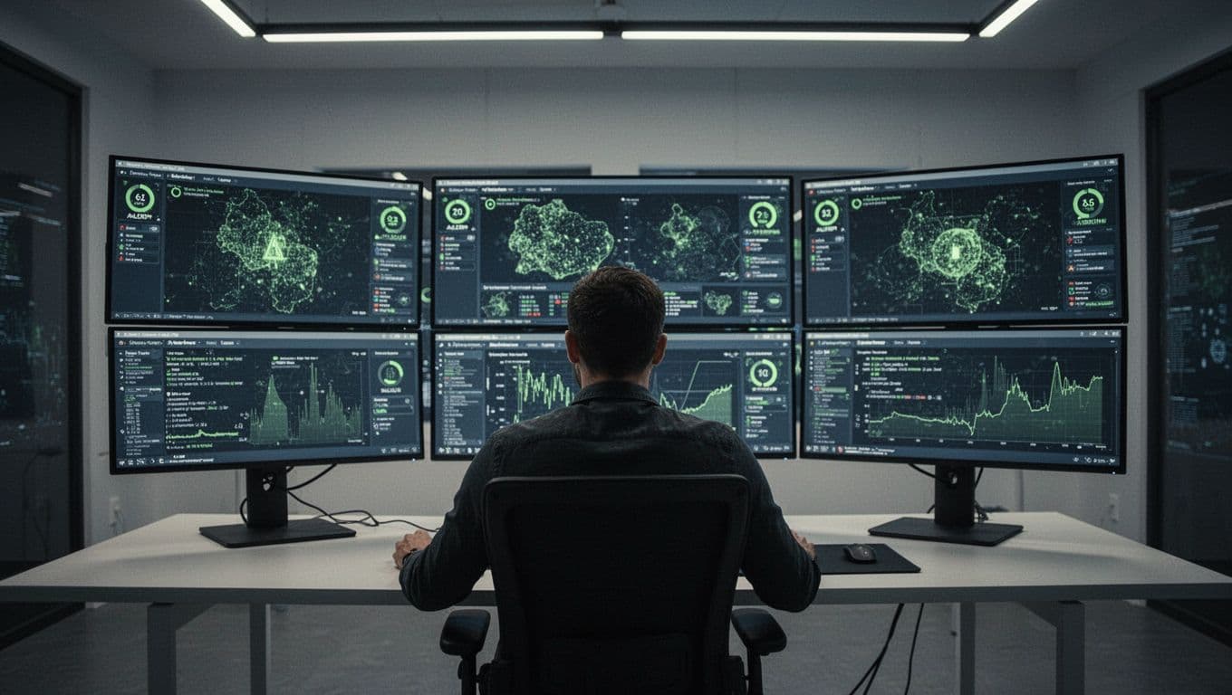 Cybersecurity professional at desk views web traffic and threat data on multiple screens in control room.