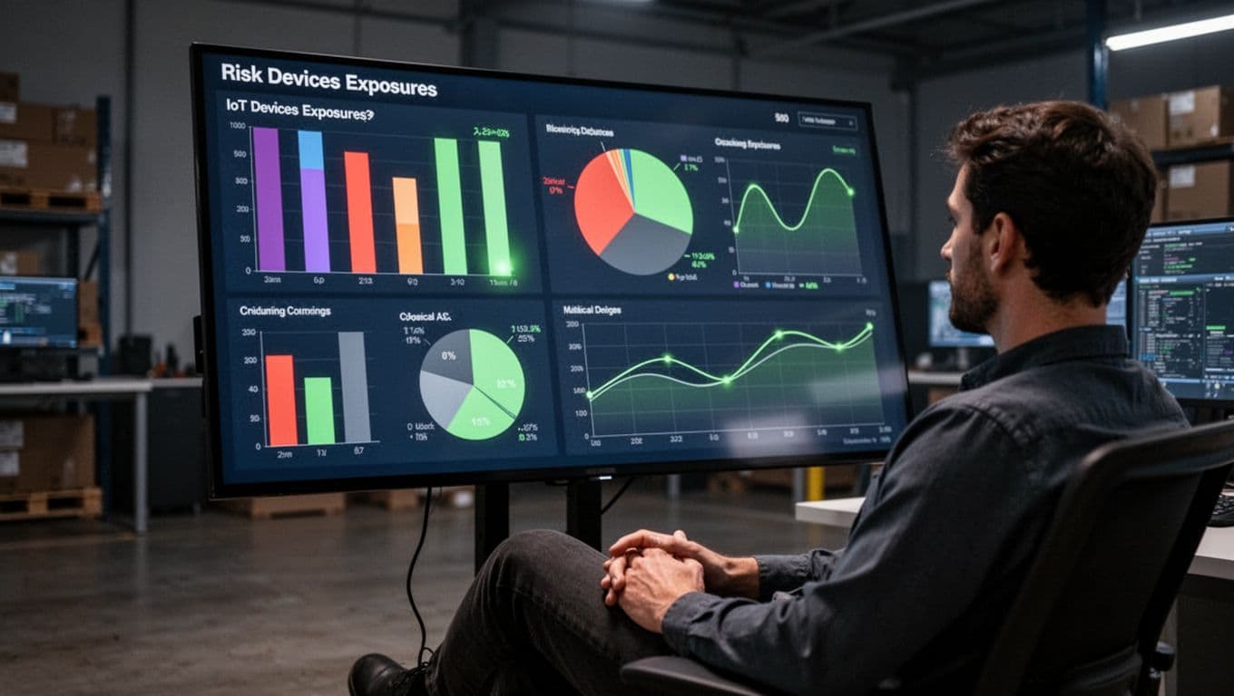 Seated analyst in dim control room views large angled monitor showing abstract color-coded charts for IoT exposures.