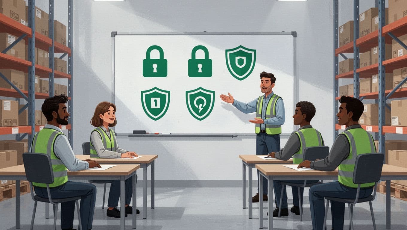Instructor points to whiteboard security icons as four diverse warehouse staff sit attentively in training room.
