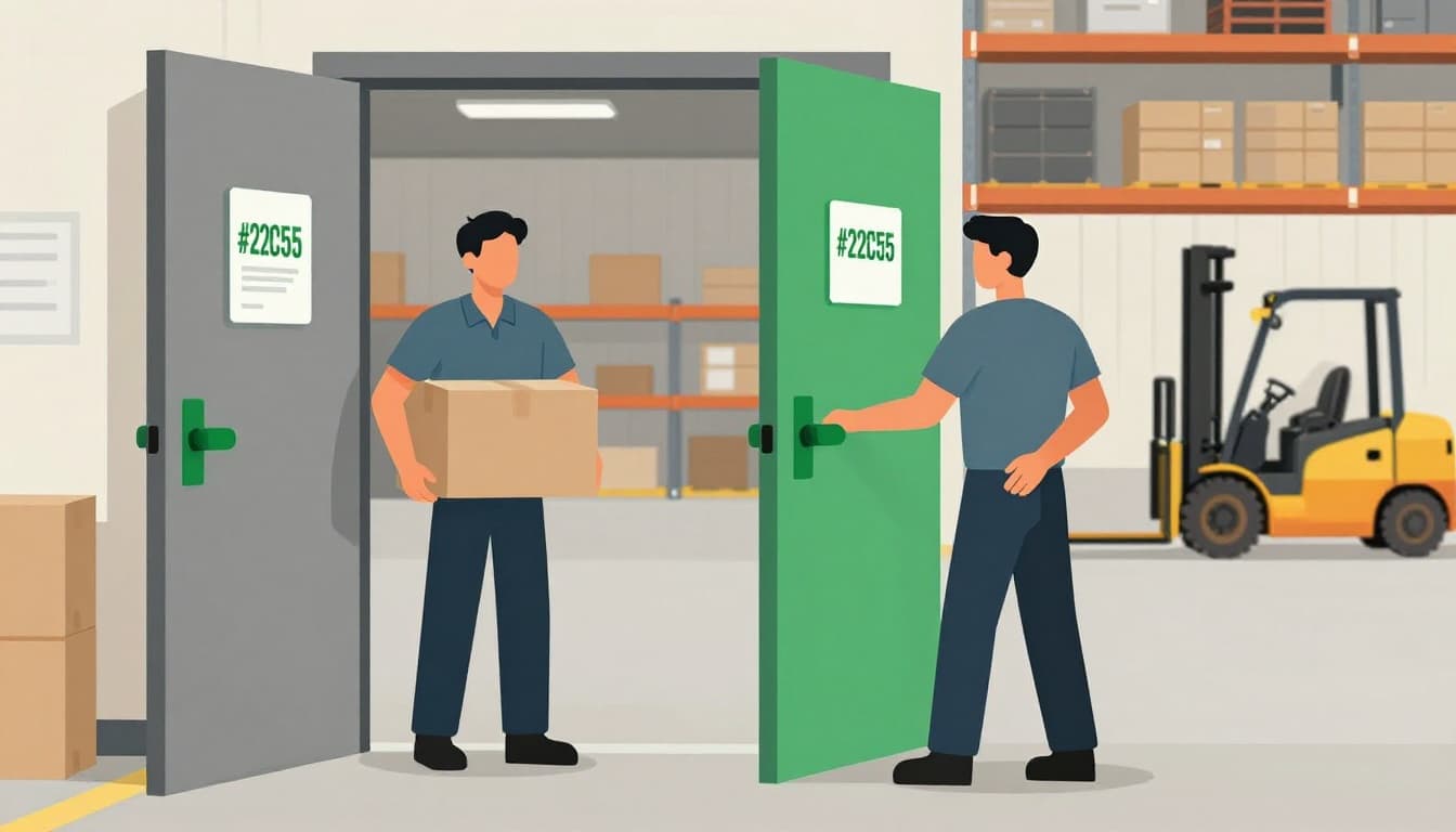 Warehouse worker holds door open for stranger tailgating behind with box amid shelves and forklifts.