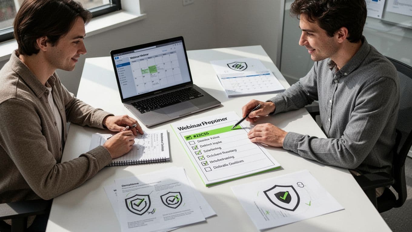 Three team members at office desk review checklist with locks and shields icons, calendar and laptop nearby, overhead view.
