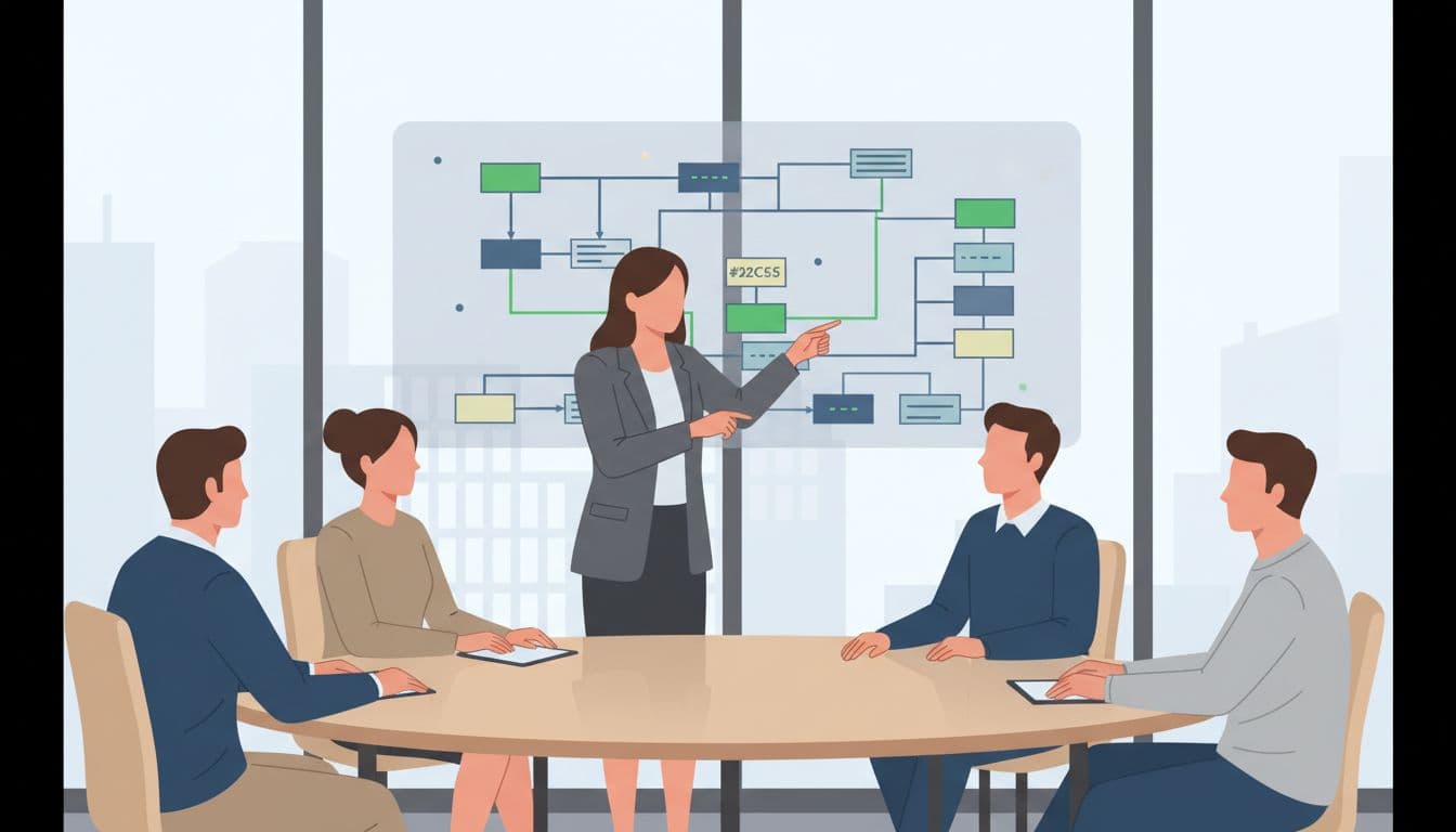 Five people around conference table discuss wire fraud prevention, leader points to green-accented flowchart.