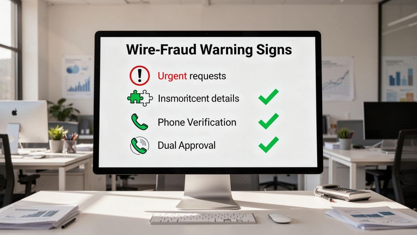 Shared finance office screen shows checklist of wire fraud red flags with verification icons.