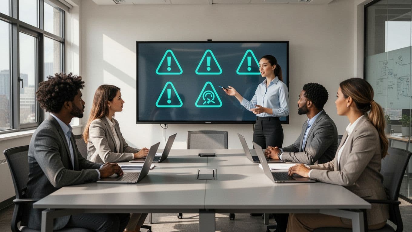 Trainer points to screen with red flags list as four diverse professionals engage at conference table with laptops.