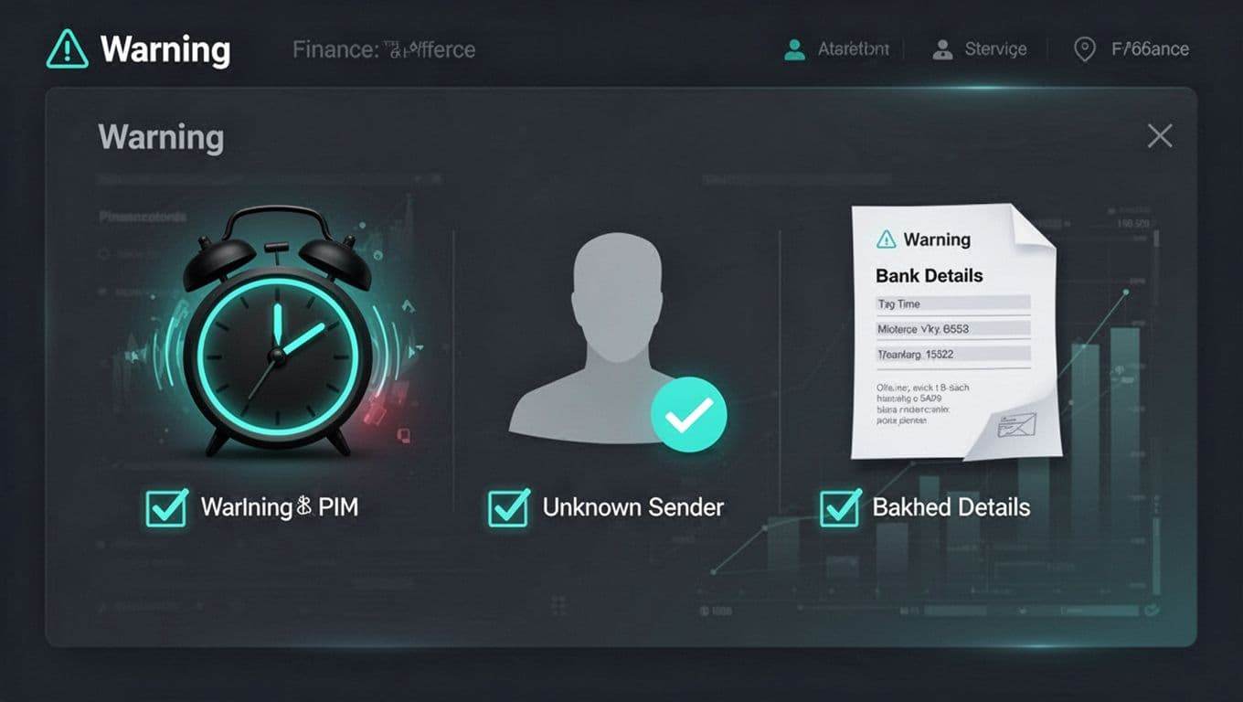 Red flag icons for urgent clock, unknown sender, and bank change arranged in checklist on finance dashboard.