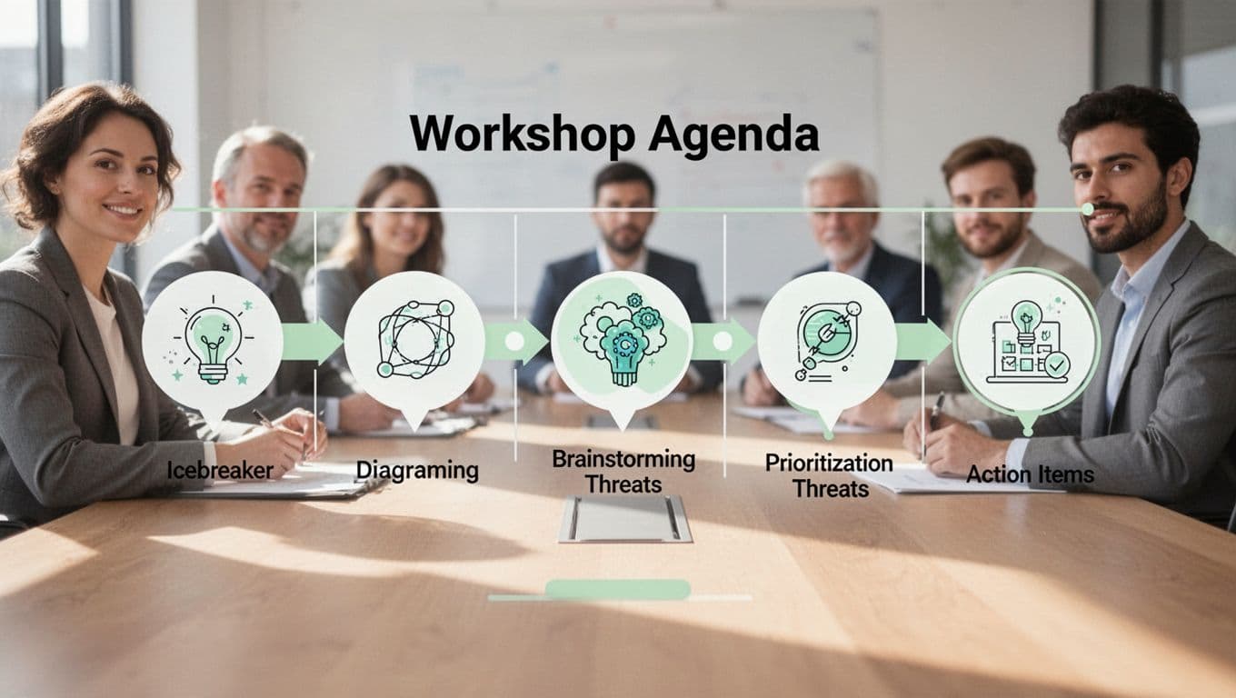 Digital screen shows workshop timeline icons for icebreaker, diagramming, brainstorming, prioritization, action items with green accents and blurred six-person team background.
