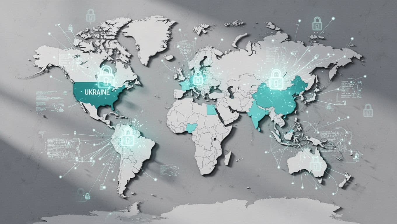 World map highlights Ukraine, Middle East, and East Asia hotspots with green accents and subtle cyber icons like locks and breaches.