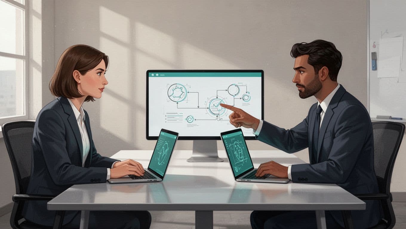 Hiring manager and candidate discuss diagrams on laptop screen at conference table, side view.