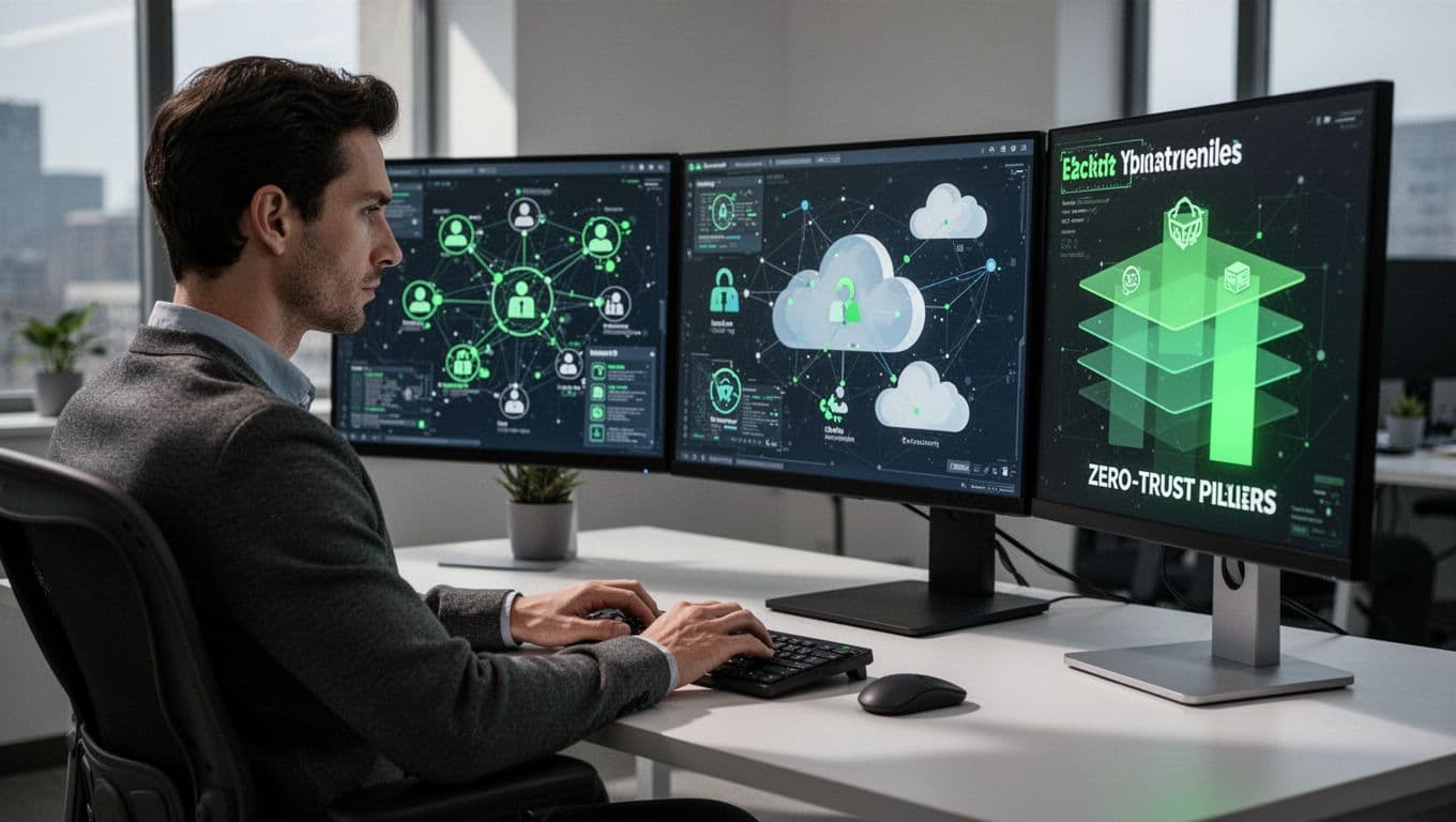 Cybersecurity architect at desk with multiple screens showing network diagrams, identity icons, cloud symbols, and zero trust pillars.