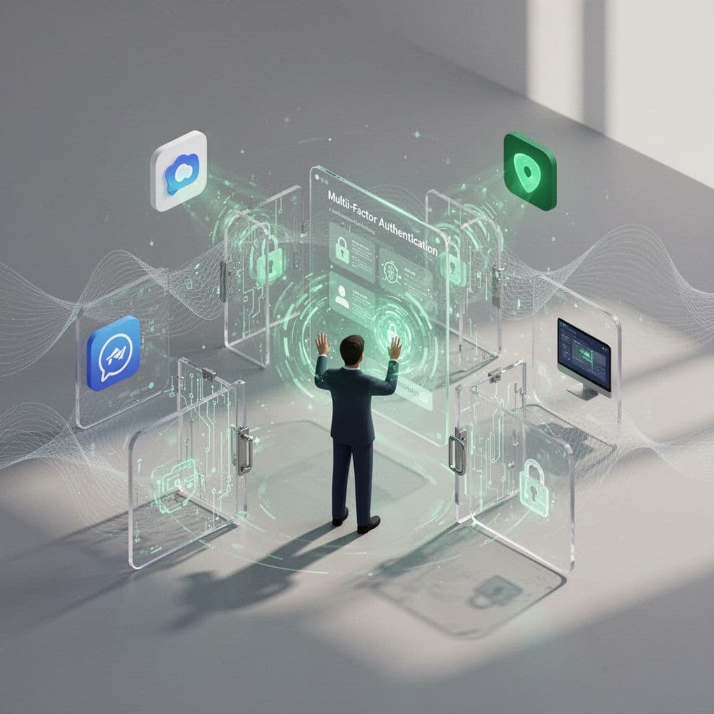 Central user icon verifies with MFA, connected to microsegmented apps and devices via gates, surrounded by monitoring waves.