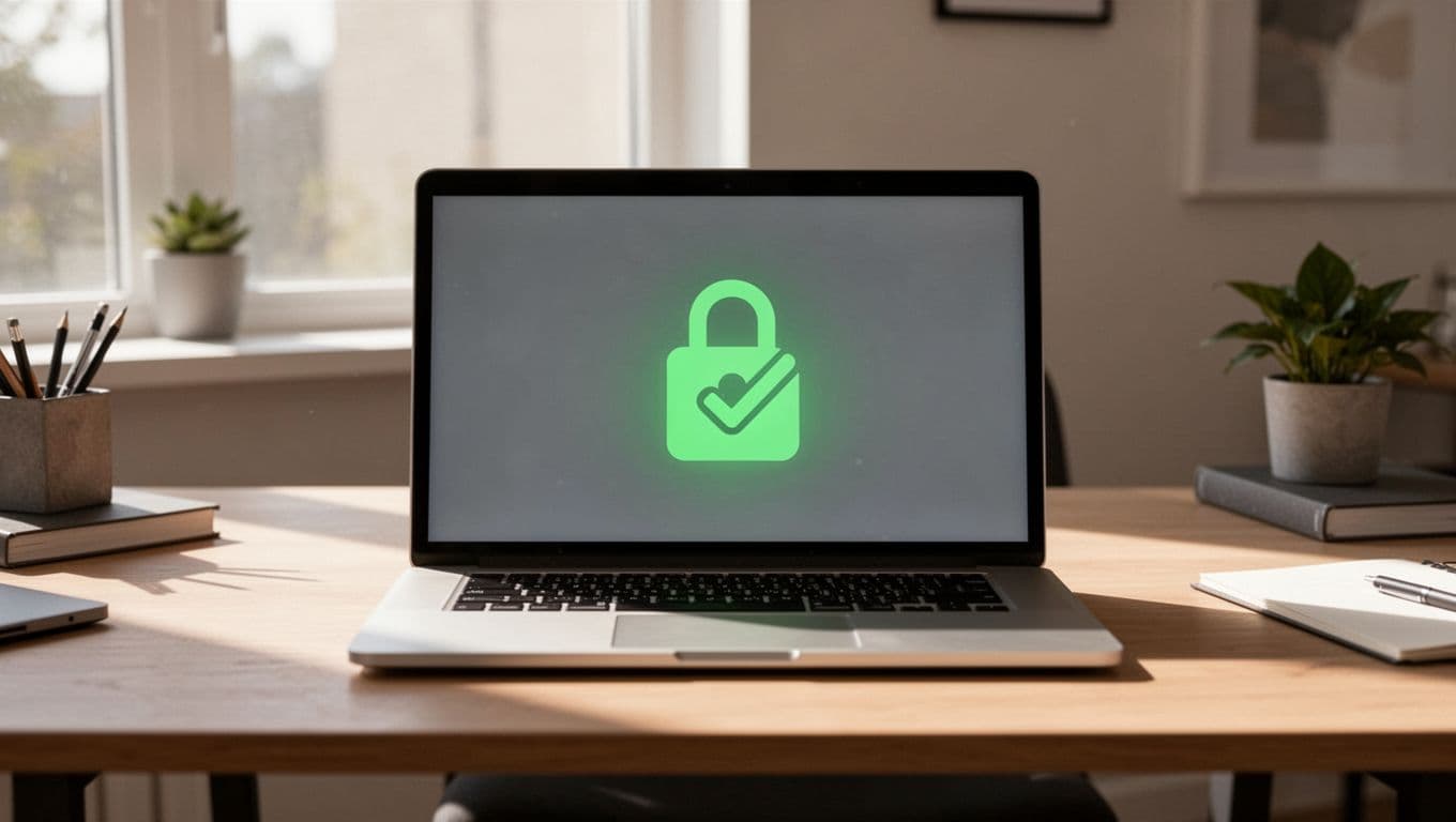 Laptop in home office checks device posture before accessing cloud gates with locks and checkmarks.