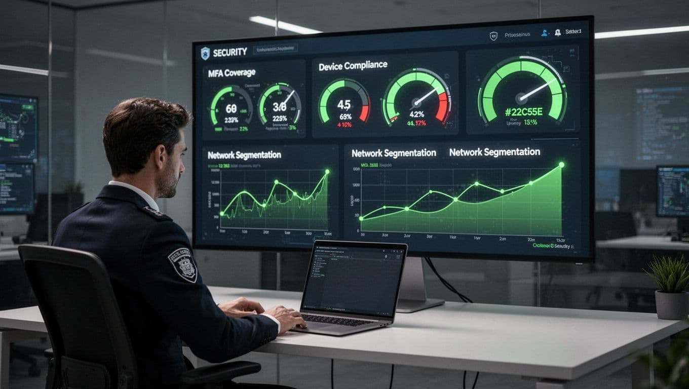 Security analyst in modern SOC room views laptop dashboard with MFA coverage, device compliance, and network segmentation gauges.