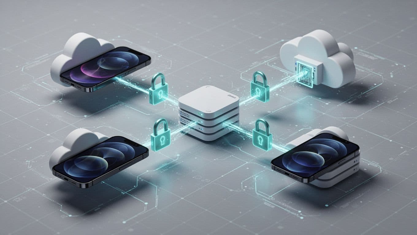 Four mobile phones connect to three cloud servers via green secure locks and verification gates in abstract digital space.