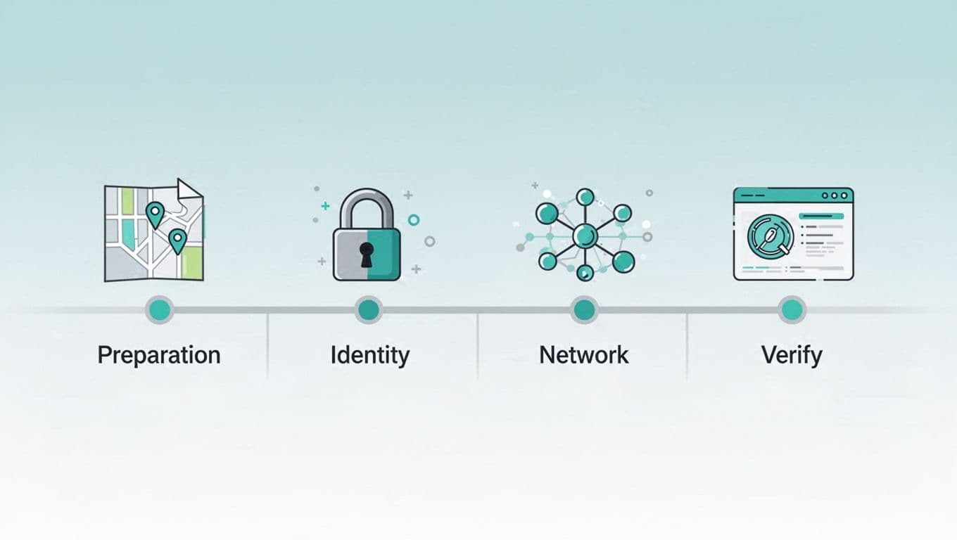 Horizontal timeline with four icons for prep, identity, network, and verify phases on light blue to white gradient.