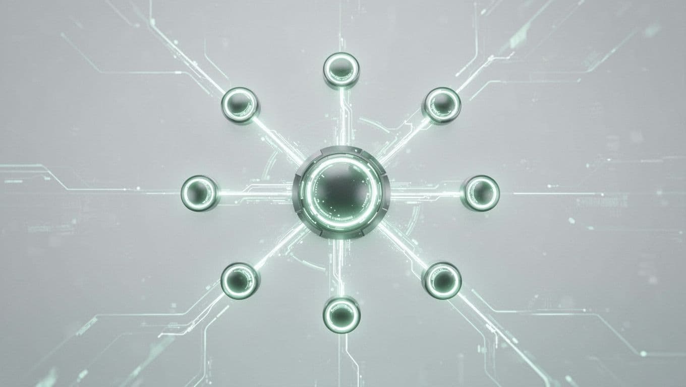 Small glowing nodes connect via distinct green paths to a central hub on a light background.